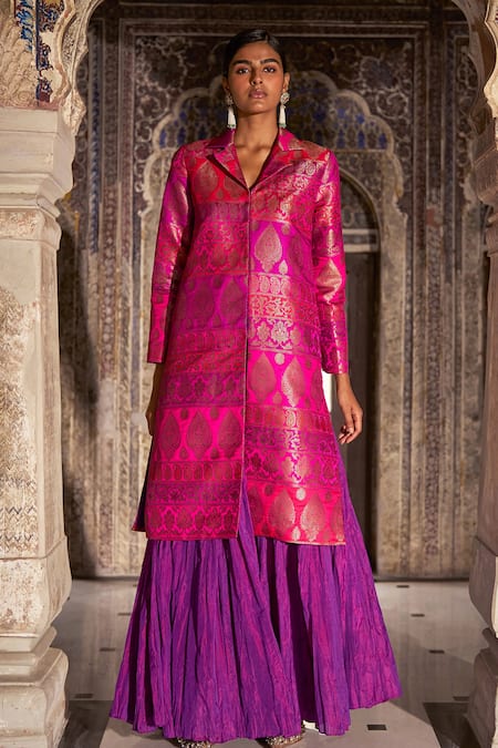 Shop Dash And Dot Fuchsia Metallic Thread Collared Banaras Silk Brocade Longline Jacket Online at Aza Fashions Shop_Dash And Dot_Fuchsia Metallic Thread Collared Banaras Silk Brocade Longline Jacket _Online_at_Aza_Fashions