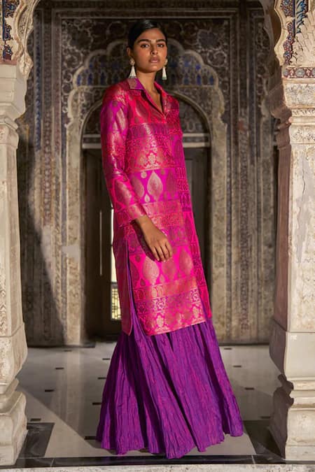 Dash And Dot_Fuchsia Brocade, Silk, Polyester, Viscose Banaras Bralette With Crushed Skirt _Online_at_Aza_Fashions