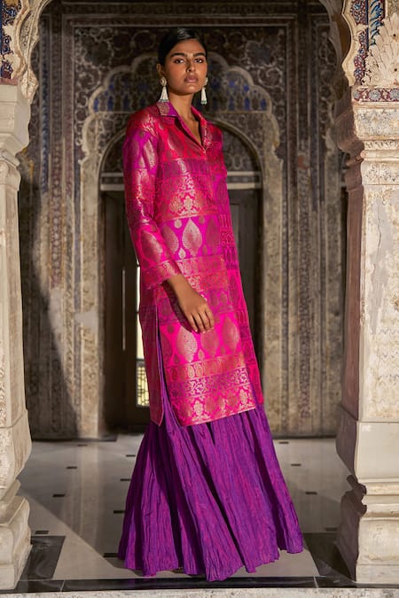 Shop_Dash And Dot_Fuchsia Brocade, Silk, Polyester, Viscose Banaras Bralette With Crushed Skirt _Online_at_Aza_Fashions
