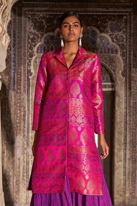Shop_Dash And Dot_Fuchsia Polyester, Viscose Zari, Embroidery Silk Brocade Jacket Skirt Set _Online_at_Aza_Fashions