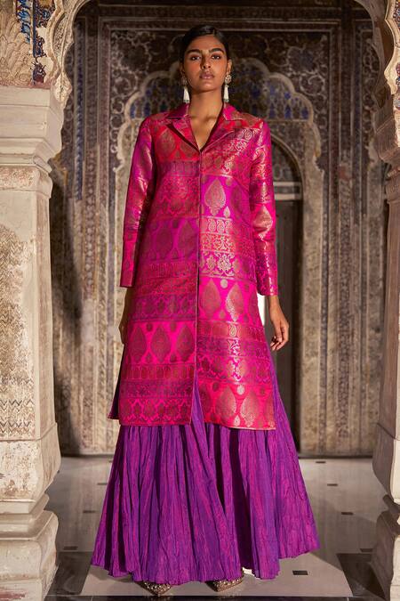 Buy_Dash And Dot_Fuchsia Polyester, Viscose Zari, Embroidery Silk Brocade Jacket Skirt Set 