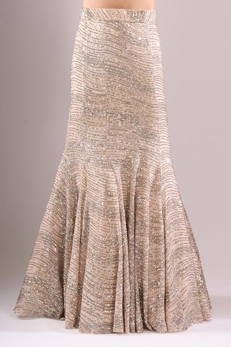 Samyukta Singhania_Beige Net, Lycra Sequins, Embroidery Round Neck Hand Mermaid Lehenga Set _Online_at_Aza_Fashions