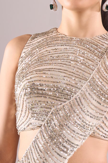 Buy_Samyukta Singhania_Beige Net, Lycra Sequins, Embroidery Round Neck Hand Mermaid Lehenga Set _Online_at_Aza_Fashions