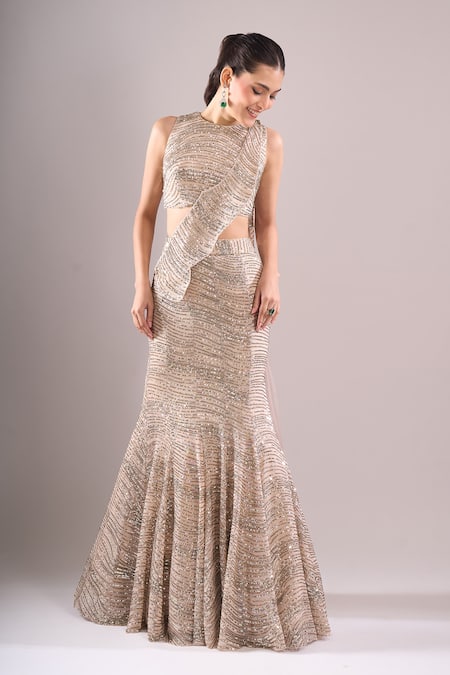 Shop_Samyukta Singhania_Beige Net, Lycra Sequins, Embroidery Round Neck Hand Mermaid Lehenga Set _Online_at_Aza_Fashions