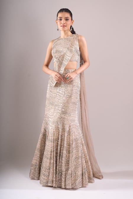 Samyukta Singhania_Beige Net, Lycra Sequins, Embroidery Round Neck Hand Mermaid Lehenga Set _at_Aza_Fashions