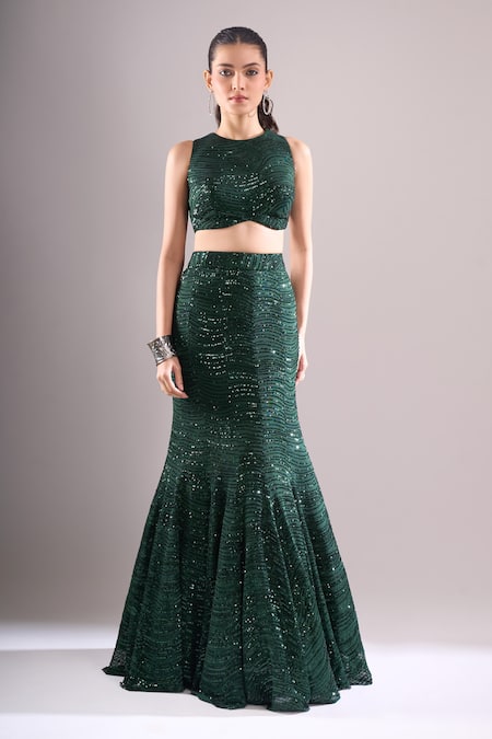 Shop Samyukta Singhania Emerald Green Net, Lycra Sequins, Embroidery Round Neck Wavy Hand Lehenga Set Online at Aza Fashions Shop_Samyukta Singhania_Emerald Green Net, Lycra Sequins, Embroidery Round Neck Wavy Hand Lehenga Set _Online_at_Aza_Fashions