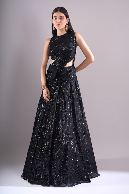Buy_Samyukta Singhania_Black Net, Lycra Sequins, Embroidery Round Neck Hand Lehenga Set _Online_at_Aza_Fashions