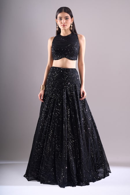 Shop_Samyukta Singhania_Black Net, Lycra Sequins, Embroidery Round Neck Hand Lehenga Set _Online_at_Aza_Fashions