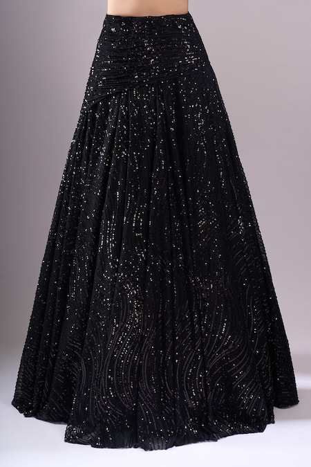 Buy_Samyukta Singhania_Black Net, Lycra Sequins, Embroidery Round Neck Hand Lehenga Set 