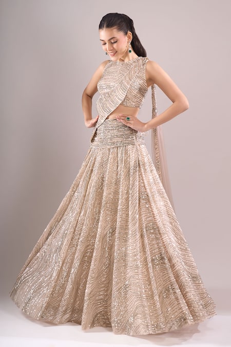 Samyukta Singhania_Beige Net, Lycra Sequins, Embroidery Round Neck Hand Lehenga Set _Online_at_Aza_Fashions
