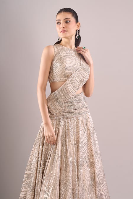 Samyukta Singhania_Beige Net, Lycra Sequins, Embroidery Round Neck Hand Lehenga Set _at_Aza_Fashions