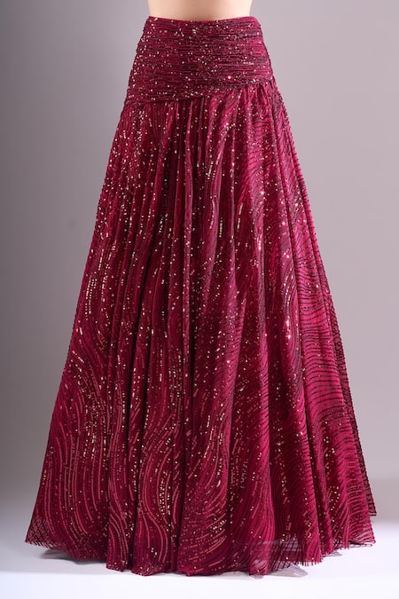 Samyukta Singhania_Red Net, Lycra Embroidery, Sequins Round Neck Hand Lehenga Set _Online_at_Aza_Fashions