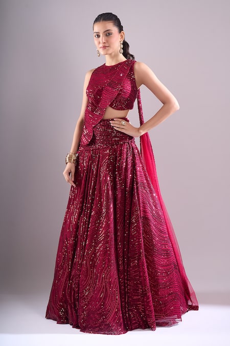 Shop_Samyukta Singhania_Red Net, Lycra Embroidery, Sequins Round Neck Hand Lehenga Set _Online_at_Aza_Fashions
