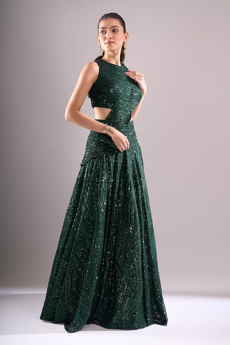 Samyukta Singhania_Emerald Green Net, Lycra Sequins, Embroidery Round Neck Hand Lehenga Blouse Set _Online_at_Aza_Fashions