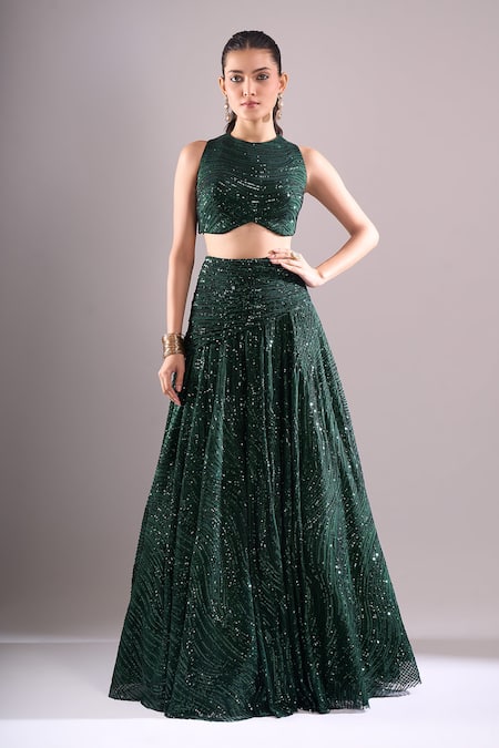 Buy_Samyukta Singhania_Emerald Green Net, Lycra Sequins, Embroidery Round Neck Hand Lehenga Blouse Set _Online_at_Aza_Fashions