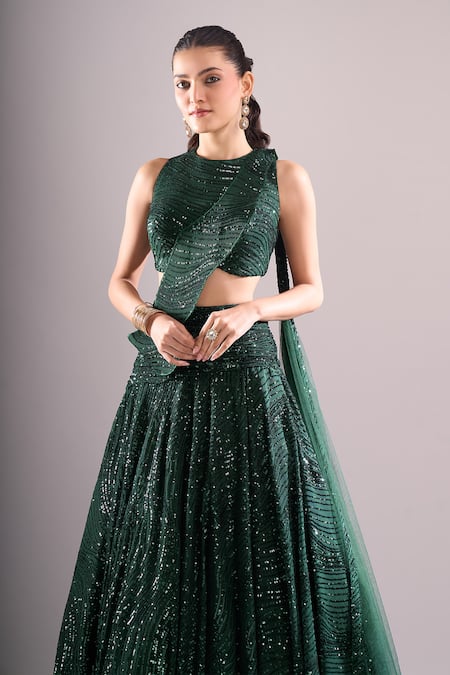 Shop_Samyukta Singhania_Emerald Green Net, Lycra Sequins, Embroidery Round Neck Hand Lehenga Blouse Set _Online_at_Aza_Fashions
