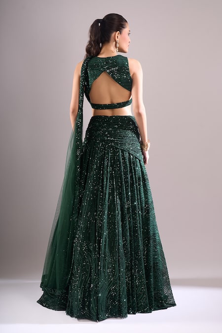 Shop_Samyukta Singhania_Emerald Green Net, Lycra Sequins, Embroidery Round Neck Hand Lehenga Blouse Set _at_Aza_Fashions