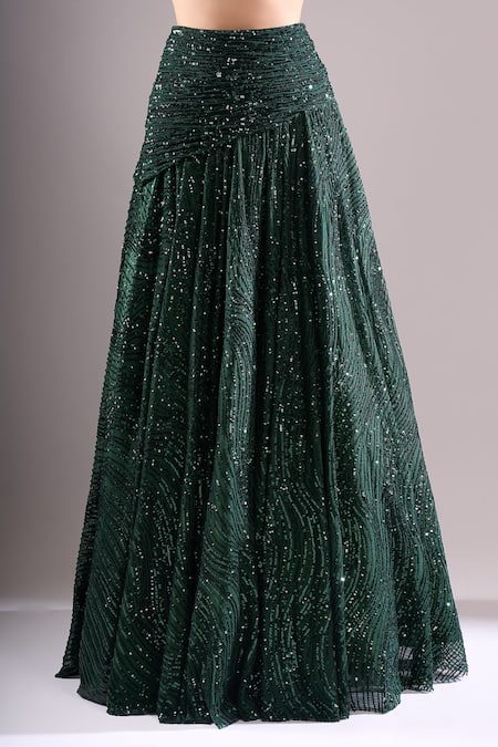 Samyukta Singhania_Emerald Green Net, Lycra Sequins, Embroidery Round Neck Hand Lehenga Blouse Set _at_Aza_Fashions