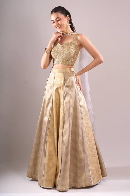 Buy_Samyukta Singhania_Gold Brocade Embroidery Sweetheart Neck Hand Lehenga Set _Online_at_Aza_Fashions
