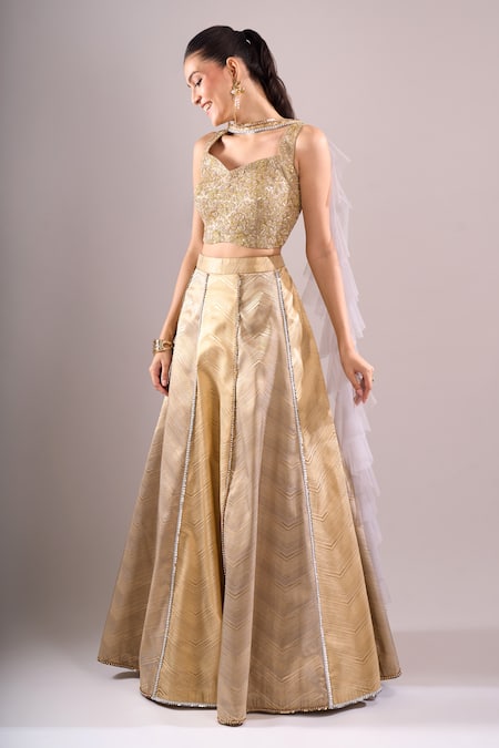 Shop_Samyukta Singhania_Gold Brocade Embroidery Sweetheart Neck Hand Lehenga Set _Online_at_Aza_Fashions