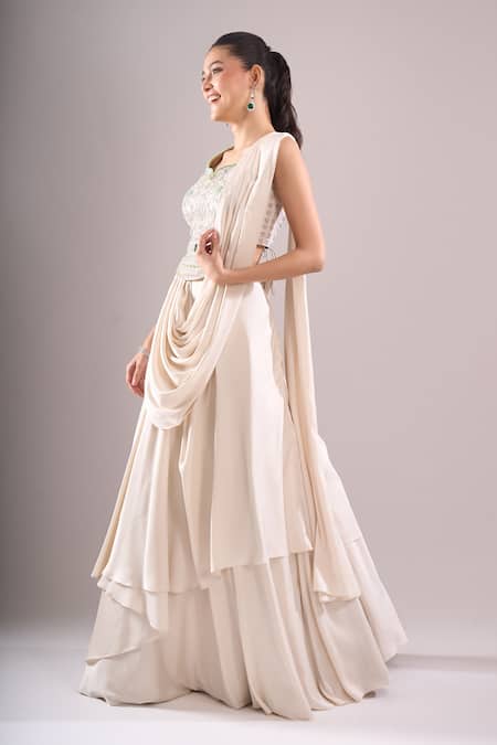 Samyukta Singhania_Off White Satin Embroidery, Beads, Sequins Hand Blouse And Draped Lehenga Set _Online_at_Aza_Fashions