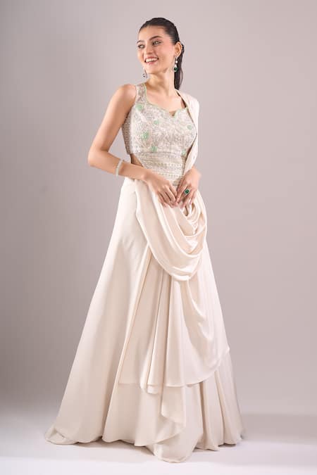 Buy_Samyukta Singhania_Off White Satin Embroidery, Beads, Sequins Hand Blouse And Draped Lehenga Set _Online_at_Aza_Fashions
