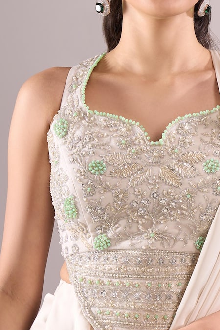 Shop_Samyukta Singhania_Off White Satin Embroidery, Beads, Sequins Hand Blouse And Draped Lehenga Set _Online_at_Aza_Fashions