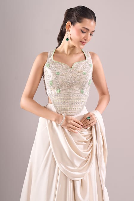 Buy_Samyukta Singhania_Off White Satin Embroidery, Beads, Sequins Hand Blouse And Draped Lehenga Set 