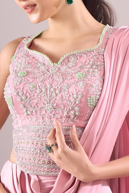 Samyukta Singhania_Pink Satin Beads, Sequins, Embroidery Hand Blouse And Draped Lehenga Set _Online_at_Aza_Fashions