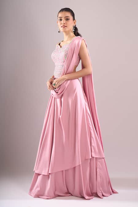 Buy_Samyukta Singhania_Pink Satin Beads, Sequins, Embroidery Hand Blouse And Draped Lehenga Set _Online_at_Aza_Fashions