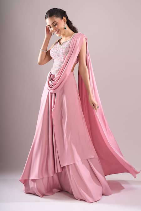 Shop_Samyukta Singhania_Pink Satin Beads, Sequins, Embroidery Hand Blouse And Draped Lehenga Set _Online_at_Aza_Fashions