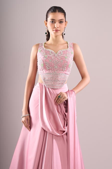 Samyukta Singhania_Pink Satin Beads, Sequins, Embroidery Hand Blouse And Draped Lehenga Set _at_Aza_Fashions