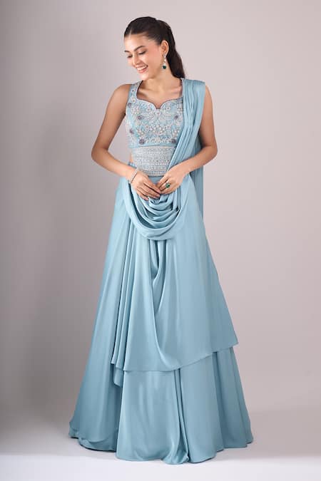 Samyukta Singhania_Sky Blue Satin Beads, Embroidery, Stones Hand Draped Lehenga And Blouse Set _Online_at_Aza_Fashions