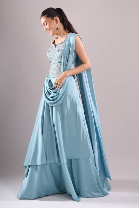 Buy_Samyukta Singhania_Sky Blue Satin Beads, Embroidery, Stones Hand Draped Lehenga And Blouse Set _Online_at_Aza_Fashions