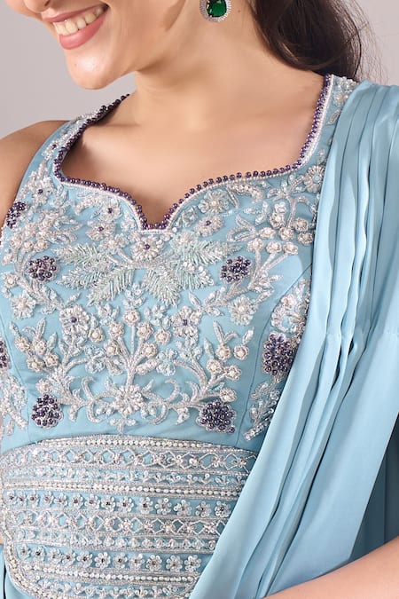 Shop_Samyukta Singhania_Sky Blue Satin Beads, Embroidery, Stones Hand Draped Lehenga And Blouse Set _Online_at_Aza_Fashions