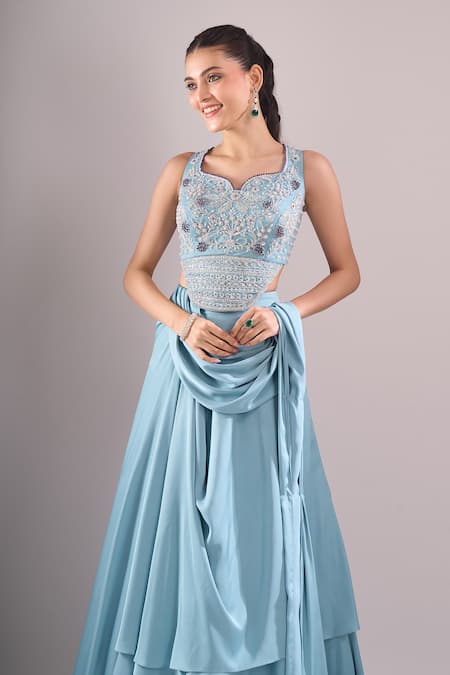 Samyukta Singhania_Sky Blue Satin Beads, Embroidery, Stones Hand Draped Lehenga And Blouse Set _at_Aza_Fashions