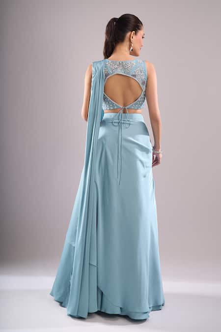 Shop_Samyukta Singhania_Sky Blue Satin Beads, Embroidery, Stones Hand Draped Lehenga And Blouse Set _at_Aza_Fashions