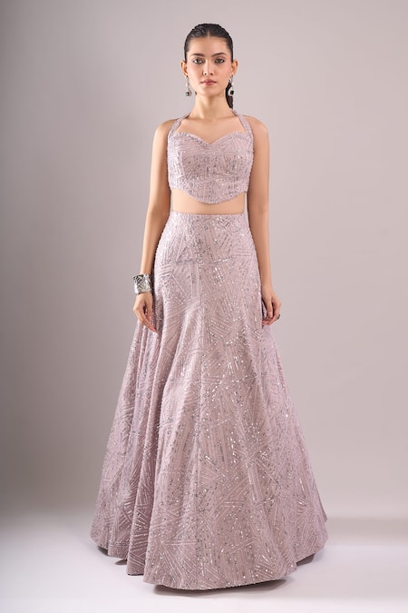 Samyukta Singhania_Purple Net Sequins, Embroidery Sweetheart Geometric Hand Blouse Lehenga Set _Online_at_Aza_Fashions