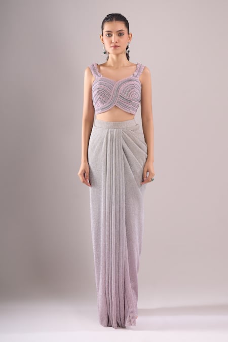 Buy_Samyukta Singhania_Purple Net Embroidery Sweetheart Neck Hand Blouse And Shaded Draped Skirt Set _Online_at_Aza_Fashions