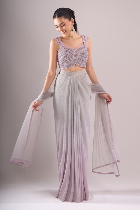 Samyukta Singhania Hand Embroidered Blouse & Shaded Draped Skirt Set 