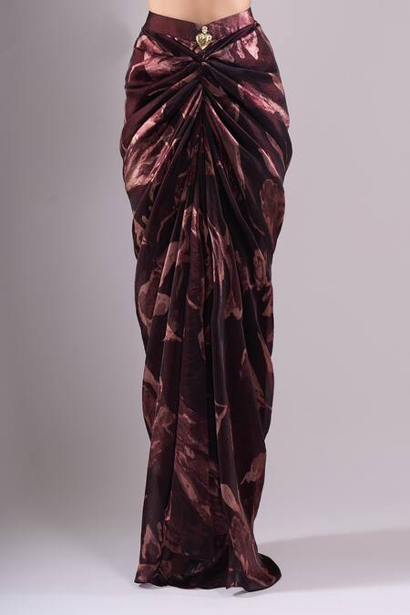 Samyukta Singhania_Wine Satin, Organza Embroidery Sweetheart Printed Jacket And Draped Skirt Set _Online_at_Aza_Fashions