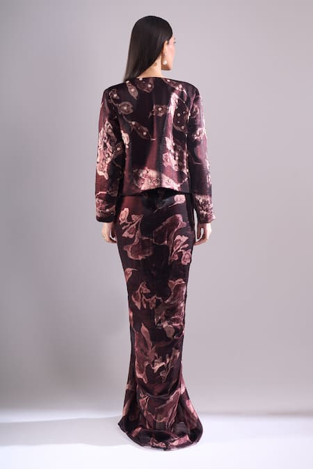 Shop_Samyukta Singhania_Wine Satin, Organza Embroidery Sweetheart Printed Jacket And Draped Skirt Set _at_Aza_Fashions