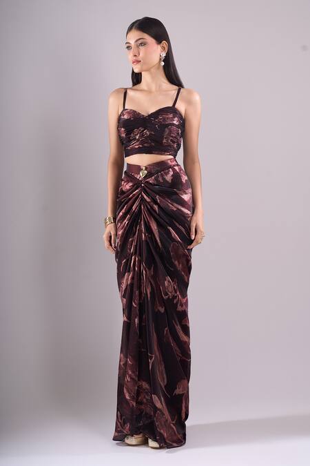 Shop_Samyukta Singhania_Wine Satin, Organza Embroidery Sweetheart Printed Jacket And Draped Skirt Set _Online_at_Aza_Fashions