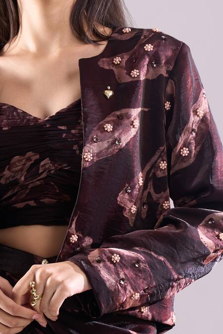 Buy_Samyukta Singhania_Wine Satin, Organza Embroidery Sweetheart Printed Jacket And Draped Skirt Set 