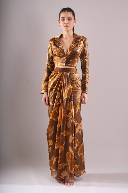 Samyukta Singhania_Brown Satin, Organza Embroidery, Beads Hand Print Blazer And Draped Skirt Set _Online_at_Aza_Fashions