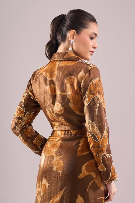 Shop_Samyukta Singhania_Brown Satin, Organza Embroidery, Beads Hand Print Blazer And Draped Skirt Set _Online_at_Aza_Fashions