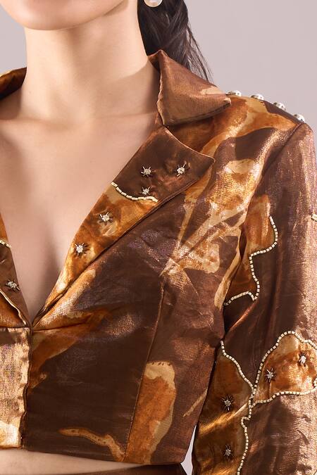 Shop_Samyukta Singhania_Brown Satin, Organza Embroidery, Beads Hand Print Blazer And Draped Skirt Set 