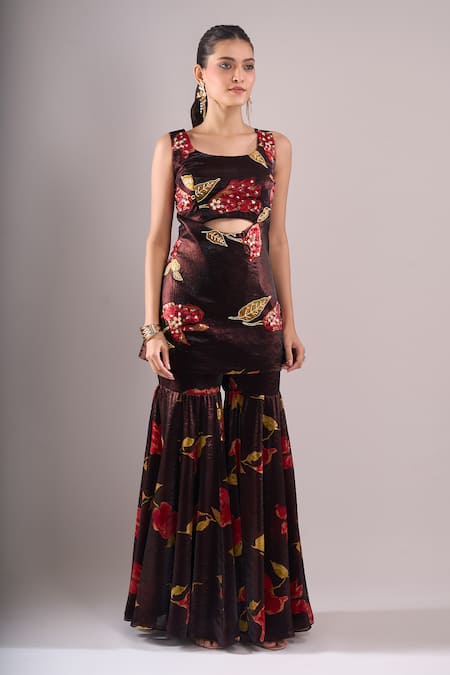 Samyukta Singhania_Brown Satin, Organza Embroidery, Mirrors Printed Hand Blouse And Sharara Set _Online_at_Aza_Fashions