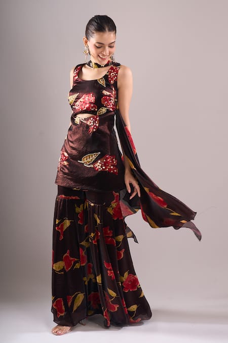 Buy_Samyukta Singhania_Brown Satin, Organza Embroidery, Mirrors Printed Hand Blouse And Sharara Set _Online_at_Aza_Fashions