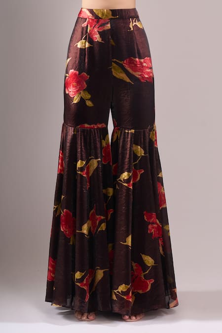 Shop_Samyukta Singhania_Brown Satin, Organza Embroidery, Mirrors Printed Hand Blouse And Sharara Set _Online_at_Aza_Fashions